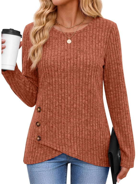 Casual Tops for Women Long Sleeve Shirts with Buttons Asymmetrical Hem Fall Blouses Crew Neck Tunic Top