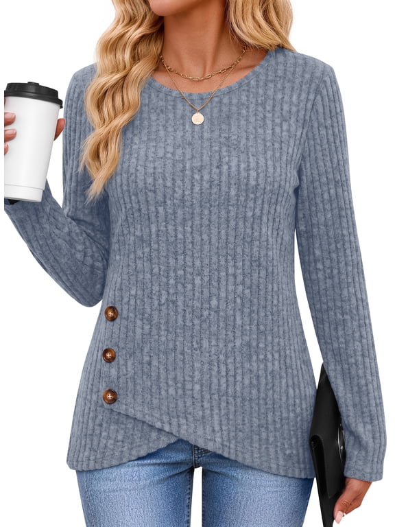 Casual Tops for Women Long Sleeve Shirts with Buttons Asymmetrical Hem Fall Blouses Crew Neck Tunic Top
