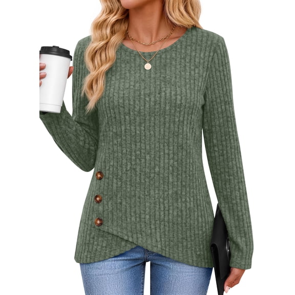 Fantaslook Casual Tops for Women Long Sleeve Shirts with Buttons Asymmetrical Hem Fall Blouses Crew Neck Tunic Top