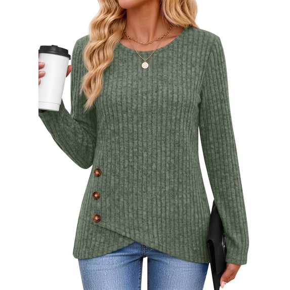 Fantaslook Casual Tops for Women Long Sleeve Shirts with Buttons Asymmetrical Hem Fall Blouses Crew Neck Tunic Top