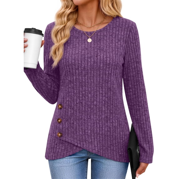 Fantaslook Casual Tops for Women Long Sleeve Shirts with Buttons Asymmetrical Hem Fall Blouses Crew Neck Tunic Top