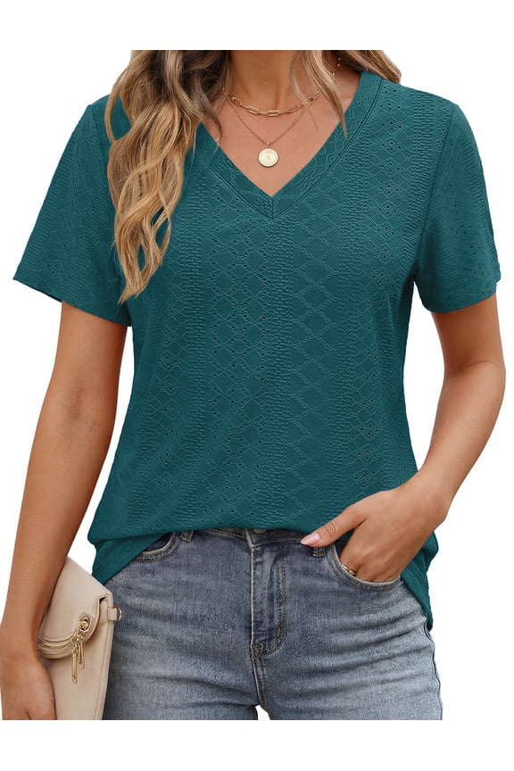Eyelet Womens Tops Short Sleeve Dressey Casual Blouses V Neck Work Shirts Summer Basic Tees