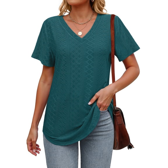 Fantaslook Eyelet Womens Tops Short Sleeve Dressey Casual Blouses V Neck Work Shirts Summer Basic Tees