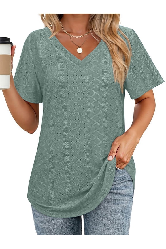 Casual Tops for Women Short sleeve Eyelet Blouses Lightweight V neck Shirts Summer Tee