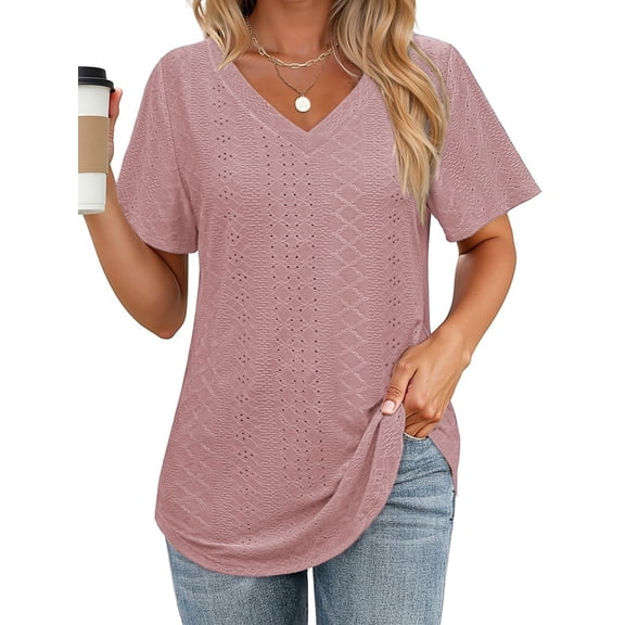 Fantaslook Casual Tops for Women Short sleeve Eyelet Blouses Lightweight V neck Shirts Summer Tee