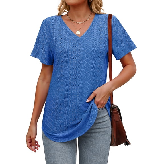 Fantaslook Eyelet Womens Tops Short Sleeve Dressey Casual Blouses V Neck Work Shirts Summer Basic Tees