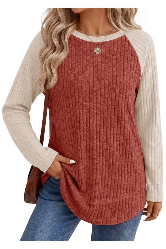 Color Block Long Sleeve Shirts for Women Lightweight Fall Sweaters Dressy Casual Tunic Tops