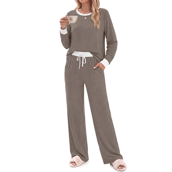 Fantaslook Color Block Pajamas for Women Crew Neck Tops Long Loungewear Pants Spliced 2 Piece Outfits Sets with Pockets