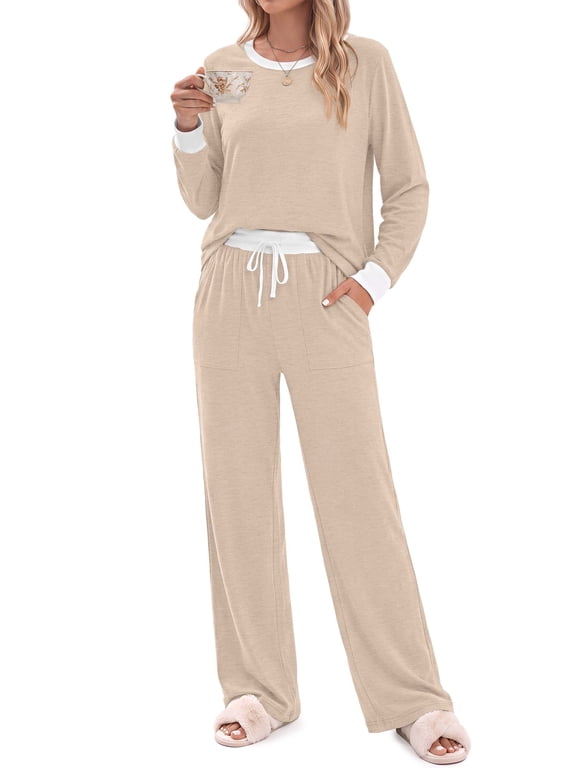 Color Block Pajamas for Women Crew Neck Tops Long Loungewear Pants Spliced 2 Piece Outfits Sets with Pockets