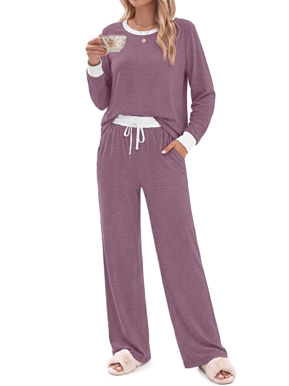 Color Block Pajamas for Women Crew Neck Tops Long Loungewear Pants Spliced 2 Piece Outfits Sets with Pockets