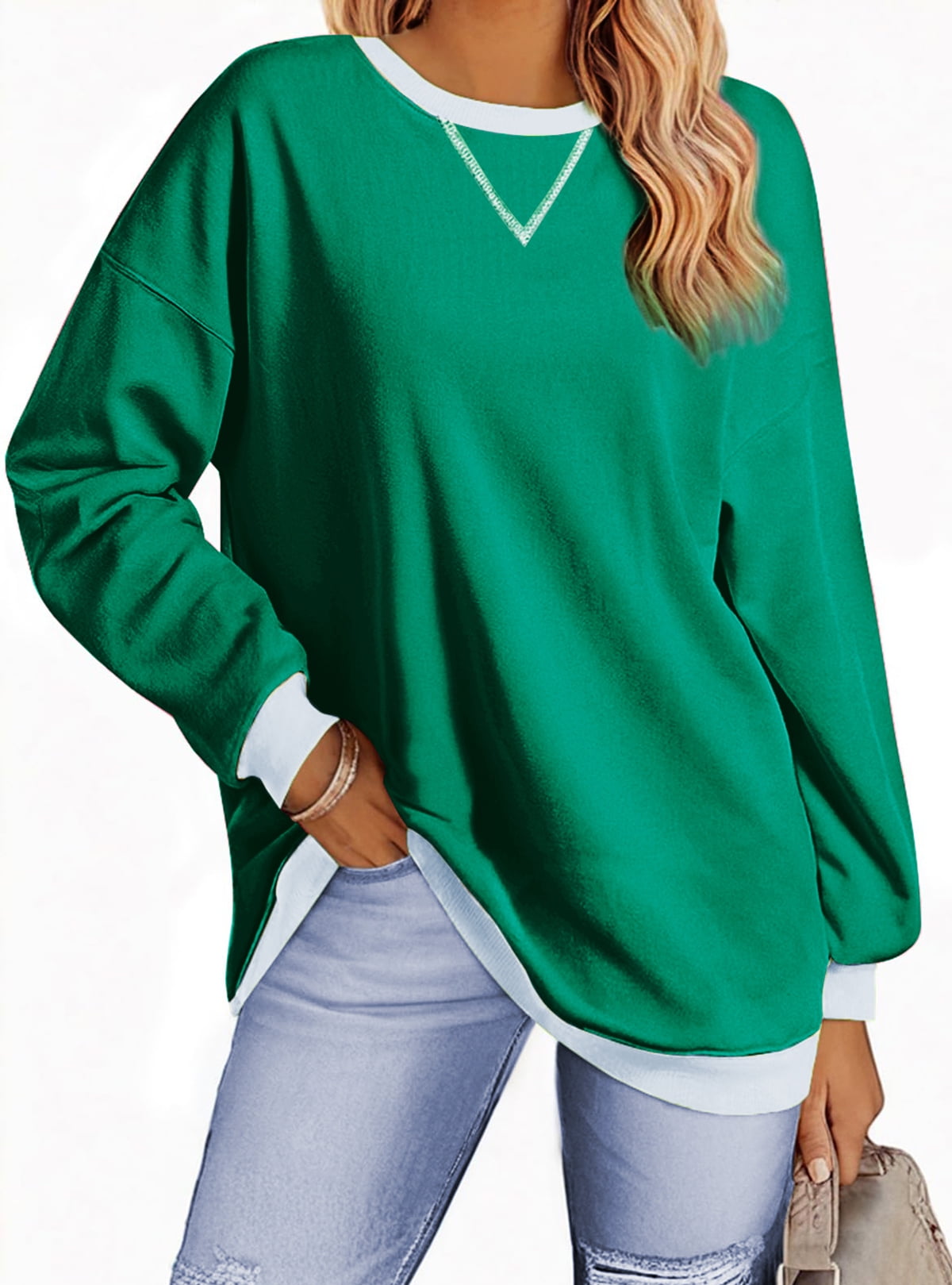 BLANCHES Women's Christmas Hoodie - Color Block Pullover With Buttons, Long Sleeve, Green, X-Large