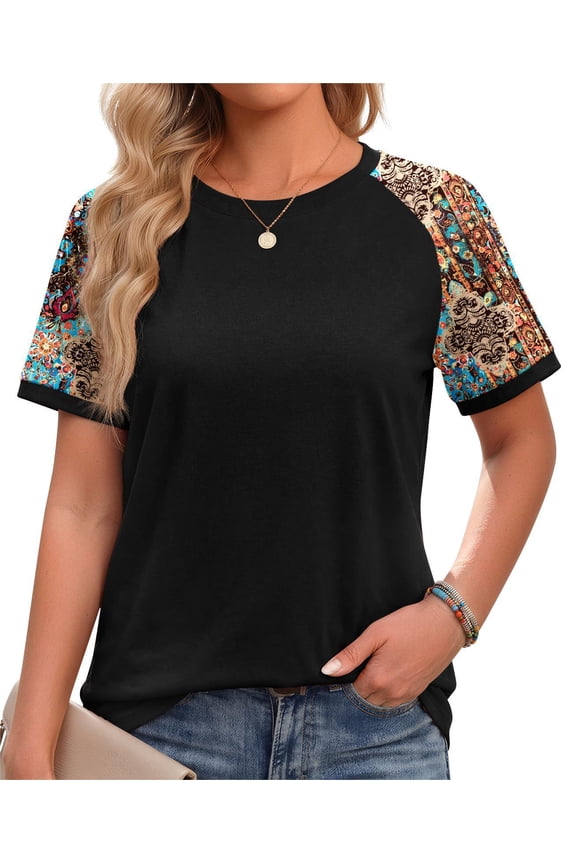 Color Block T Shirts for Women Crewneck Short Sleeve Tops Summer Blouses Fashion Clothes