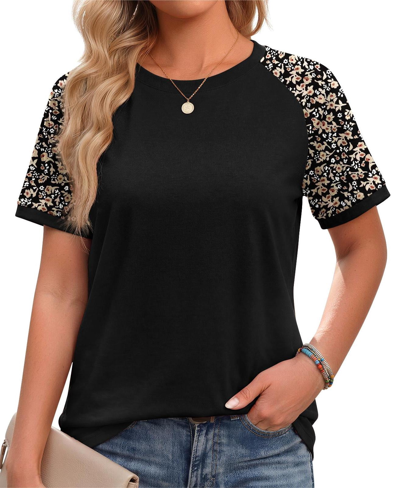 Fantaslook Color Block T Shirts for Women Crewneck Short Sleeve Tops Summer Blouses Fashion Clothes