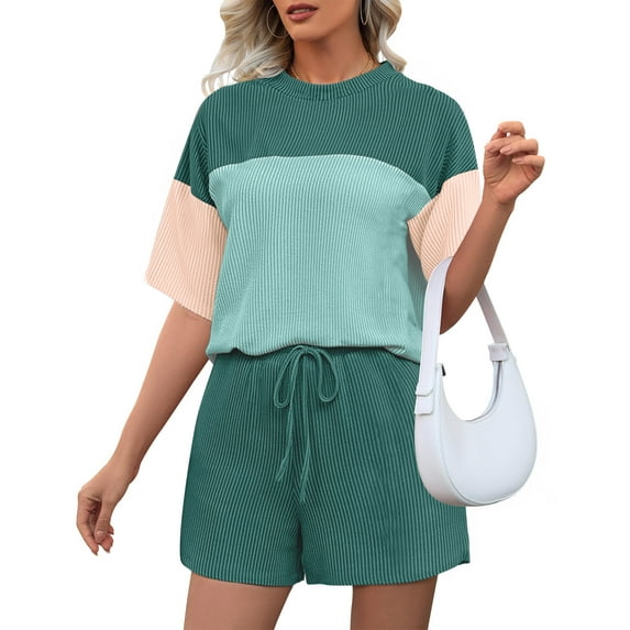 Fantaslook Color Block Two Piece Sets for Women Texture Crew Neck Short Sleeve Tops and Shorts Outfits Loungewear with Pocket