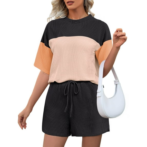 Fantaslook Color Block Two Piece Sets for Women Texture Crew Neck Short Sleeve Tops and Shorts Outfits Loungewear with Pocket