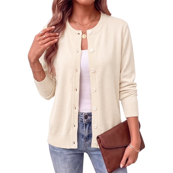 Fantaslook Crew Neck Knit Cardigan Sweaters for Women Button Front Sweater Tops Business Casual Fall Outfits