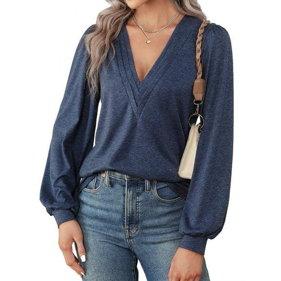Fantaslook Deep V Neck Womens Tops Fall Long Puff Sleeve Shirts Dressy Casual Tunic Blouses
