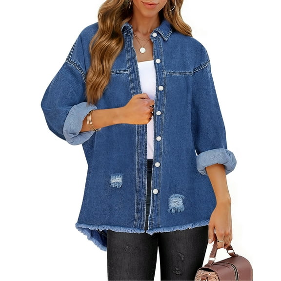 Fantaslook Denim Jackets for Women Trendy Frayed Hem Shackets Casual Button Up Jean Jacket Coats