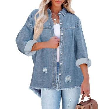 Fantaslook Denim Jackets for Women Trendy Frayed Hem Shackets Casual Button Up Jean Jacket Coats