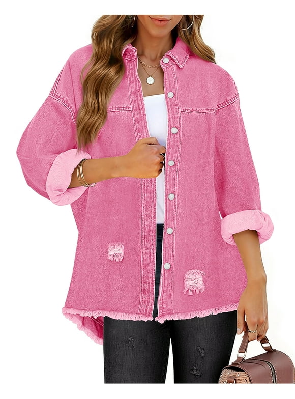 Denim Jackets for Women Trendy Frayed Hem Shackets Casual Button Up Jean Jacket Coats