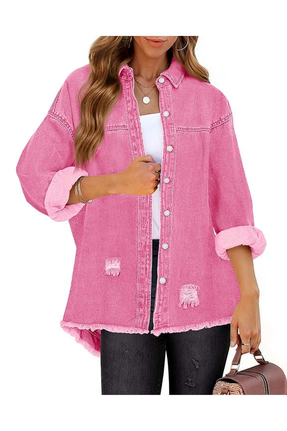 Denim Jackets for Women Trendy Frayed Hem Shackets Casual Button Up Jean Jacket Coats