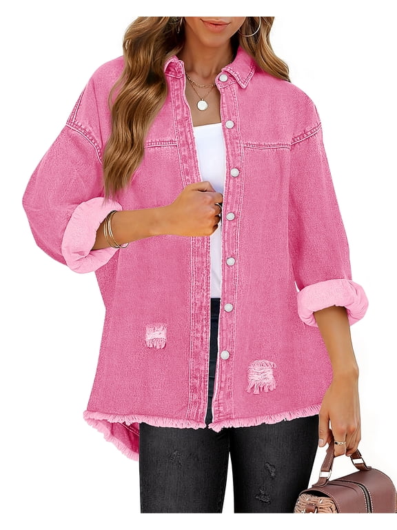 Denim Jackets for Women Trendy Frayed Hem Shackets Casual Button Up Jean Jacket Coats