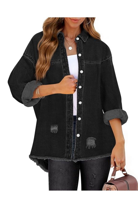 Denim Jackets for Women Trendy Frayed Hem Shackets Casual Button Up Jean Jacket Coats