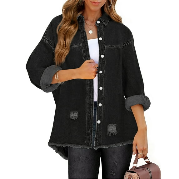Fantaslook Denim Jackets for Women Trendy Frayed Hem Shackets Casual Button Up Jean Jacket Coats