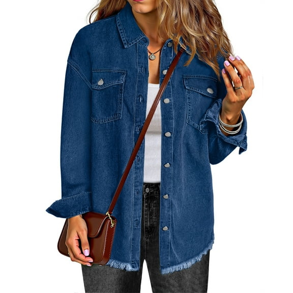Fantaslook Denim jackets for Women Oversized Button Up Frayed Hem Shackets Fashion Jean Jacket With Pockets