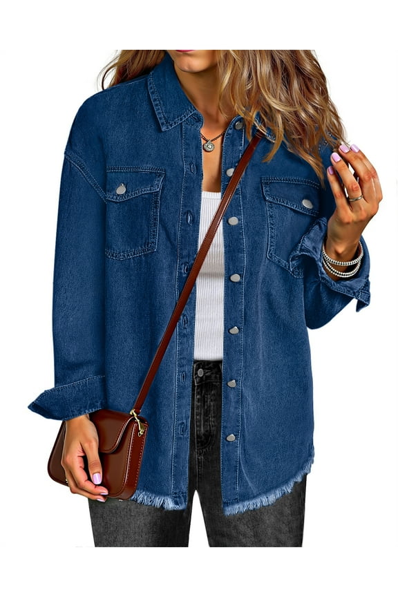 Denim jackets for Women Oversized Button Up Frayed Hem Shackets Fashion Jean Jacket With Pockets