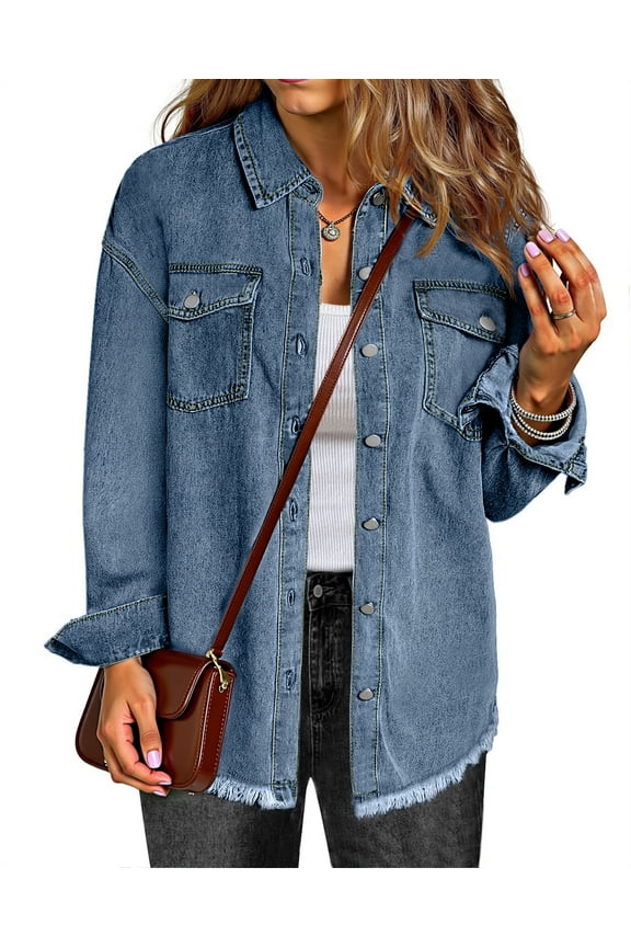 Denim jackets for Women Oversized Button Up Frayed Hem Shackets Fashion Jean Jacket With Pockets