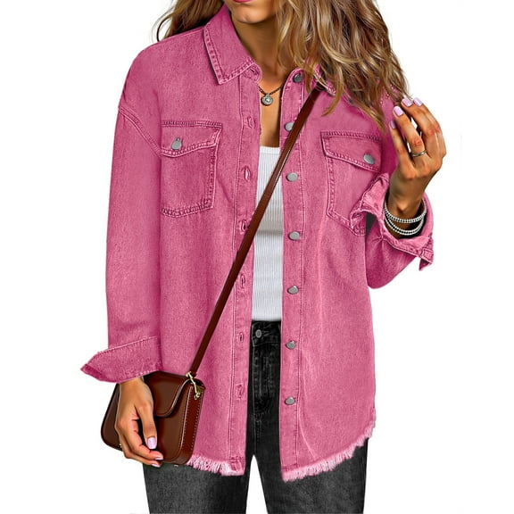 Fantaslook Denim jackets for Women Oversized Button Up Frayed Hem Shackets Fashion Jean Jacket With Pockets