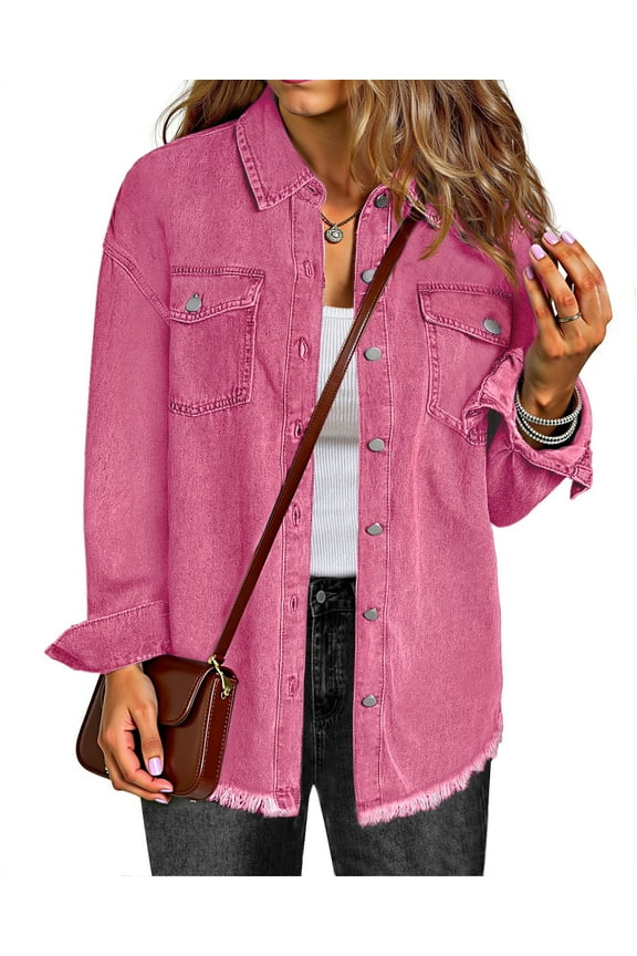 Denim jackets for Women Oversized Button Up Frayed Hem Shackets Fashion Jean Jacket With Pockets