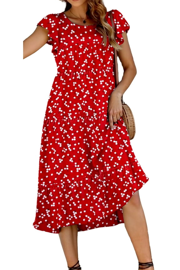 Dresses for Women Summer Casual Boho Dress Floral Print Ruffle Sleeve Midi Beach Dresses