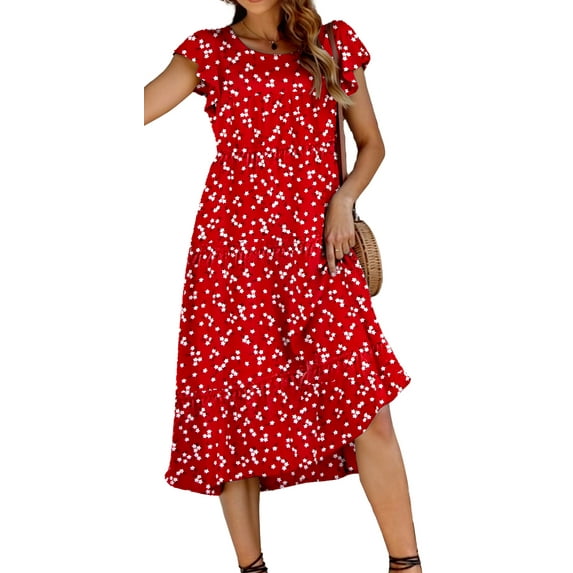 Fantaslook Dresses for Women Summer Casual Boho Dress Floral Print Ruffle Sleeve Midi Beach Dresses
