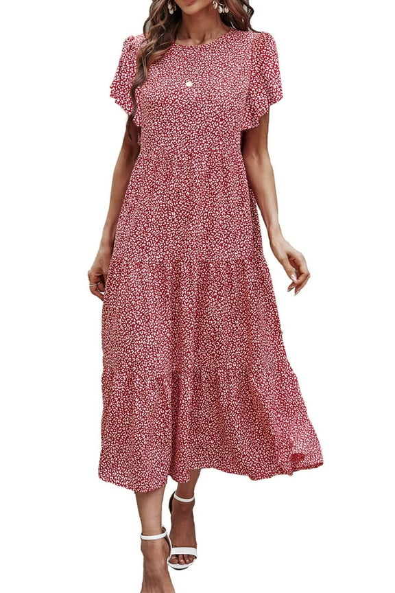 Dresses for Women Summer Casual Boho Dress Floral Print Ruffle Sleeve Midi Beach Dresses
