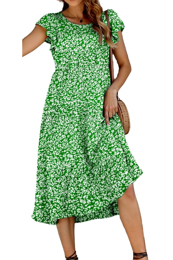 Dresses for Women Summer Casual Boho Dress Floral Print Ruffle Sleeve Midi Beach Dresses