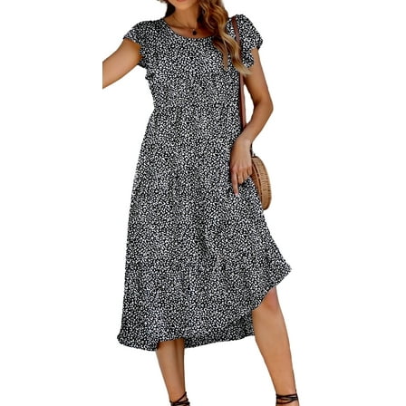 Fantaslook Dresses for Women Summer Casual Boho Dress Floral Print Ruffle Sleeve Midi Beach Dresses