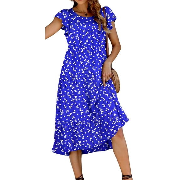 Fantaslook Dresses for Women Summer Casual Boho Dress Floral Print Ruffle Sleeve Midi Beach Dresses