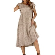 FANTASLOOK Dresses for Women Summer Casual Boho Dress Floral Print Ruffle Sleeve Midi Beach Dresses