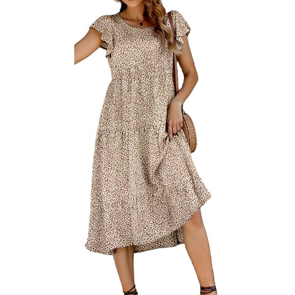 Fantaslook Dresses for Women Summer Casual Boho Dress Floral Print Ruffle Sleeve Midi Beach Dresses