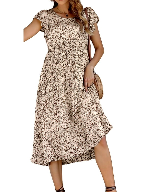 Dresses for Women Summer Casual Boho Dress Floral Print Ruffle Sleeve Midi Beach Dresses