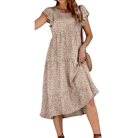 Fantaslook Dresses for Women Summer Casual Boho Dress Floral Print Ruffle Sleeve Midi Beach Dresses