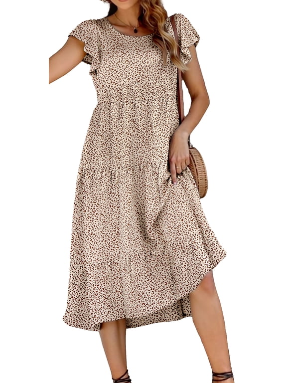 Dresses for Women Summer Casual Boho Dress Floral Print Ruffle Sleeve Midi Beach Dresses