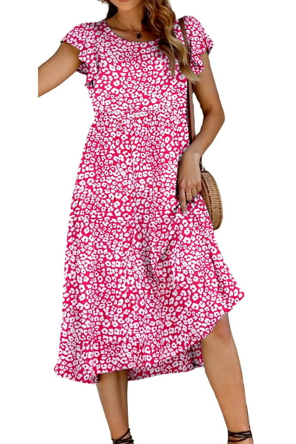Dresses for Women Summer Casual Boho Dress Floral Print Ruffle Sleeve Midi Beach Dresses