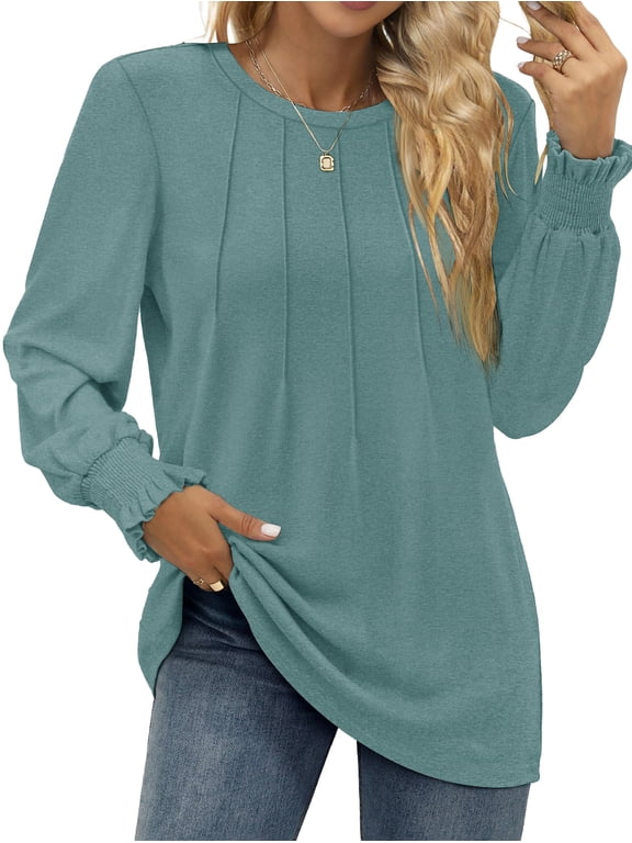 Dressy Blouses for Women Fall Fashion Long Sleeve Shirts Pleated Tunic Tops Trendy Clothes