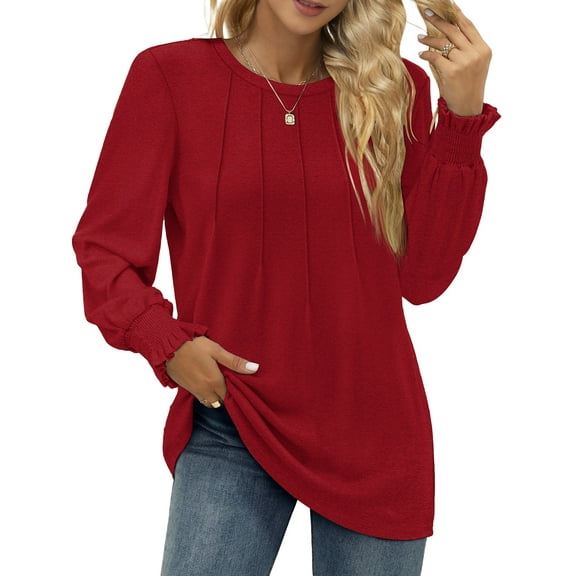 Fantaslook Dressy Blouses for Women Fall Fashion Long Sleeve Shirts Pleated Tunic Tops Trendy Clothes
