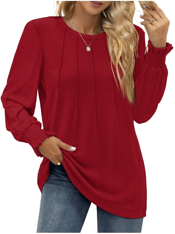 Dressy Blouses for Women Fall Fashion Long Sleeve Shirts Pleated Tunic Tops Trendy Clothes