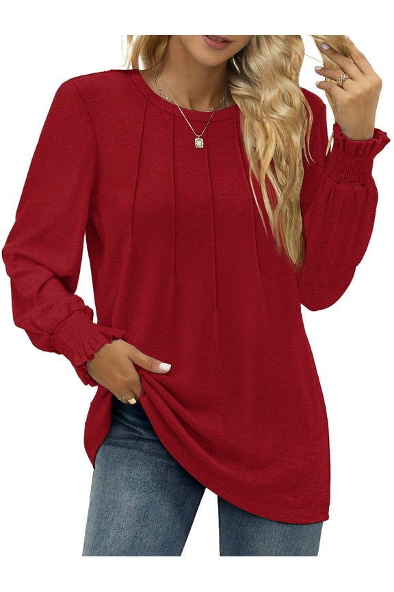Dressy Blouses for Women Fall Fashion Long Sleeve Shirts Pleated Tunic Tops Trendy Clothes