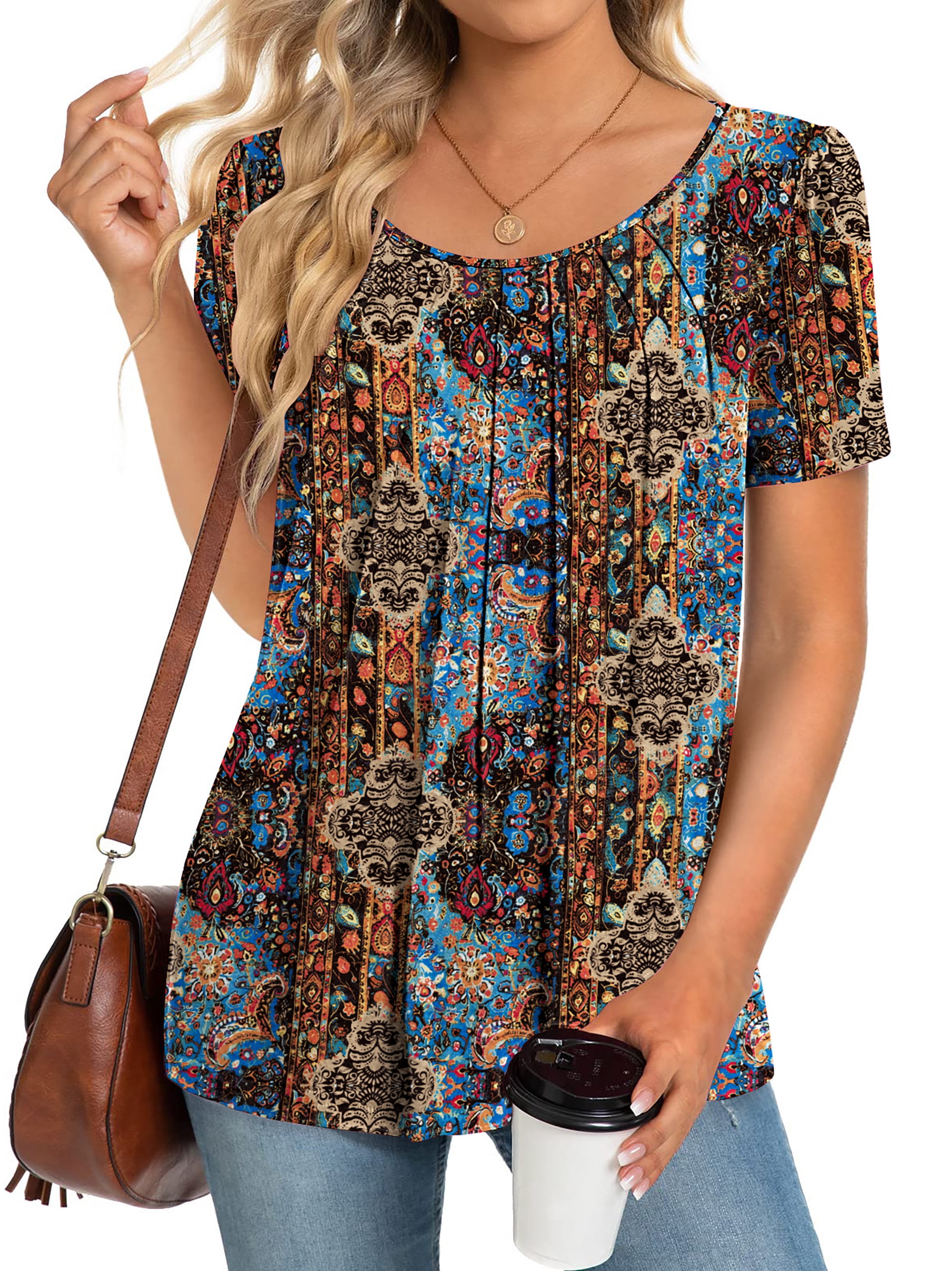 Fantaslook Dressy Blouses for Women Pleated Short Sleeve Tunic Tops ...